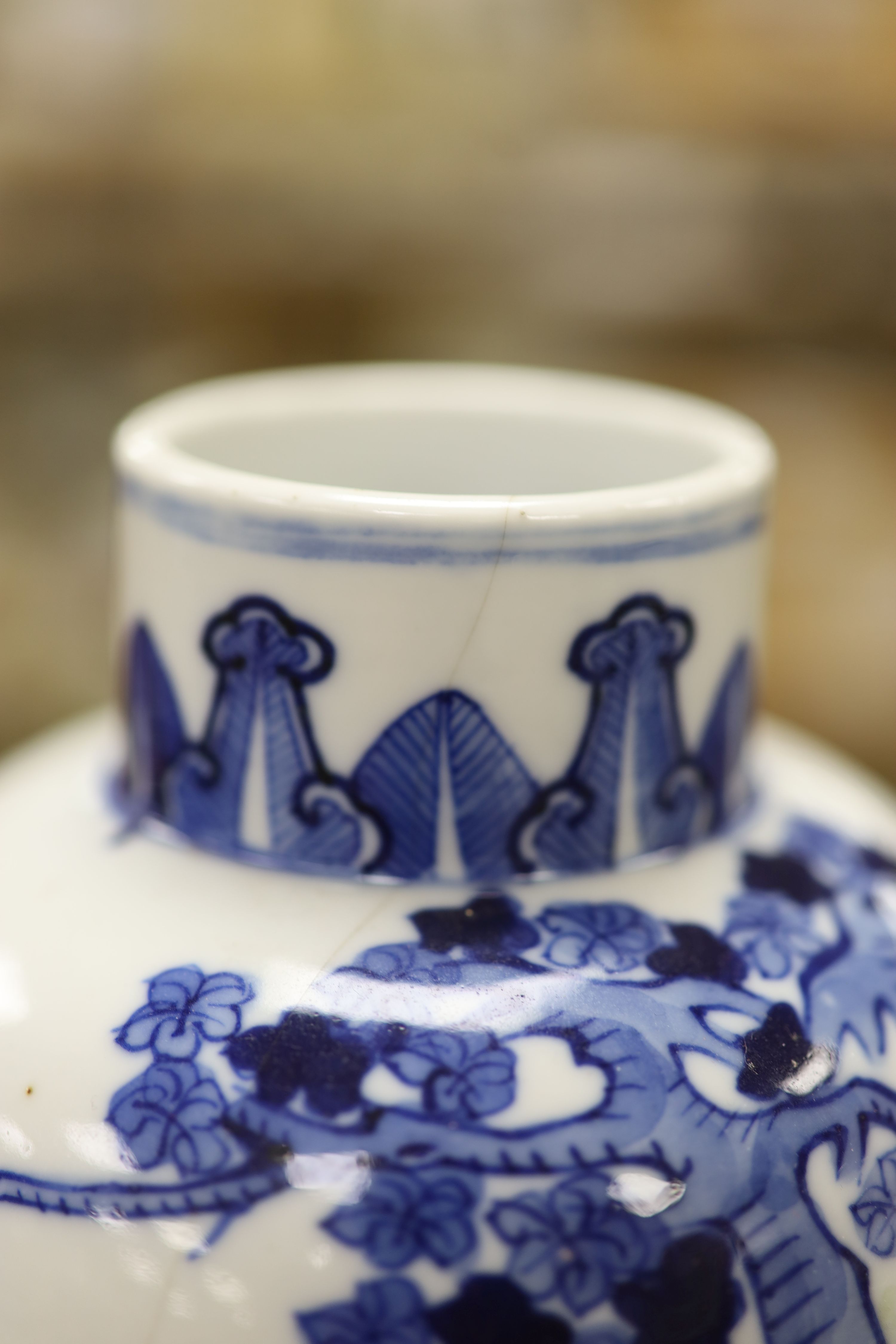 Two 19th century Chinese blue and white vases, decorated with phoenix, tallest 28cm (a.f)